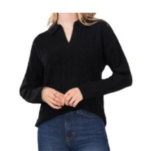 1 State Long Sleeve Collared Cable Sweater Black XXS NWT